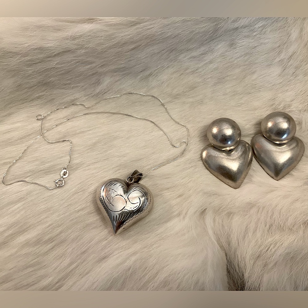 Sterling Silver Puffy Heart SET - Picture 2 of 11